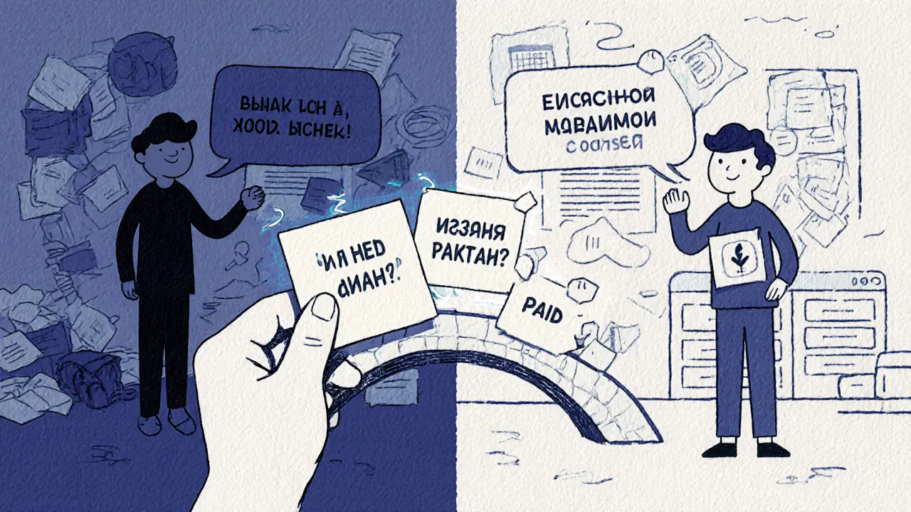 Человек держит мост из заметок с отзывами, соединяющий неуверенного человека с уверенным.