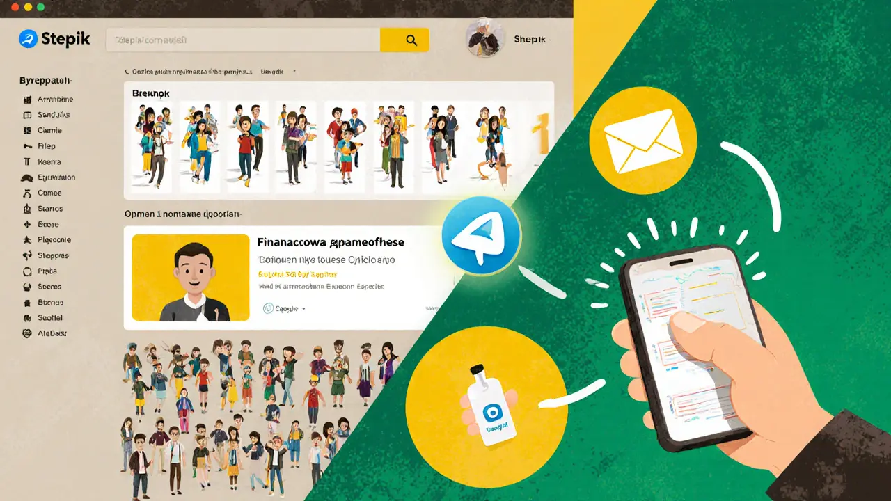 Студенты выбирают курс по финансам на Stepik, а преподаватель направляет их в Telegram и email-рассылку.