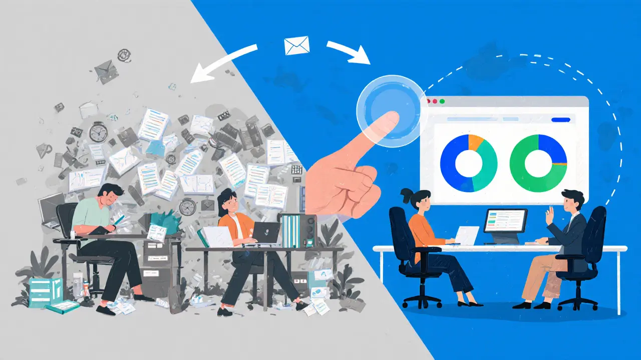 Контраст между хаотичным рабочим процессом и эффективной системой с CRM.