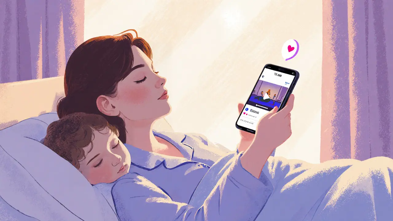 Мама в пижаме смотрит видео о йоге утром в 7:00, ребенок спит рядом, мягкий свет окна.