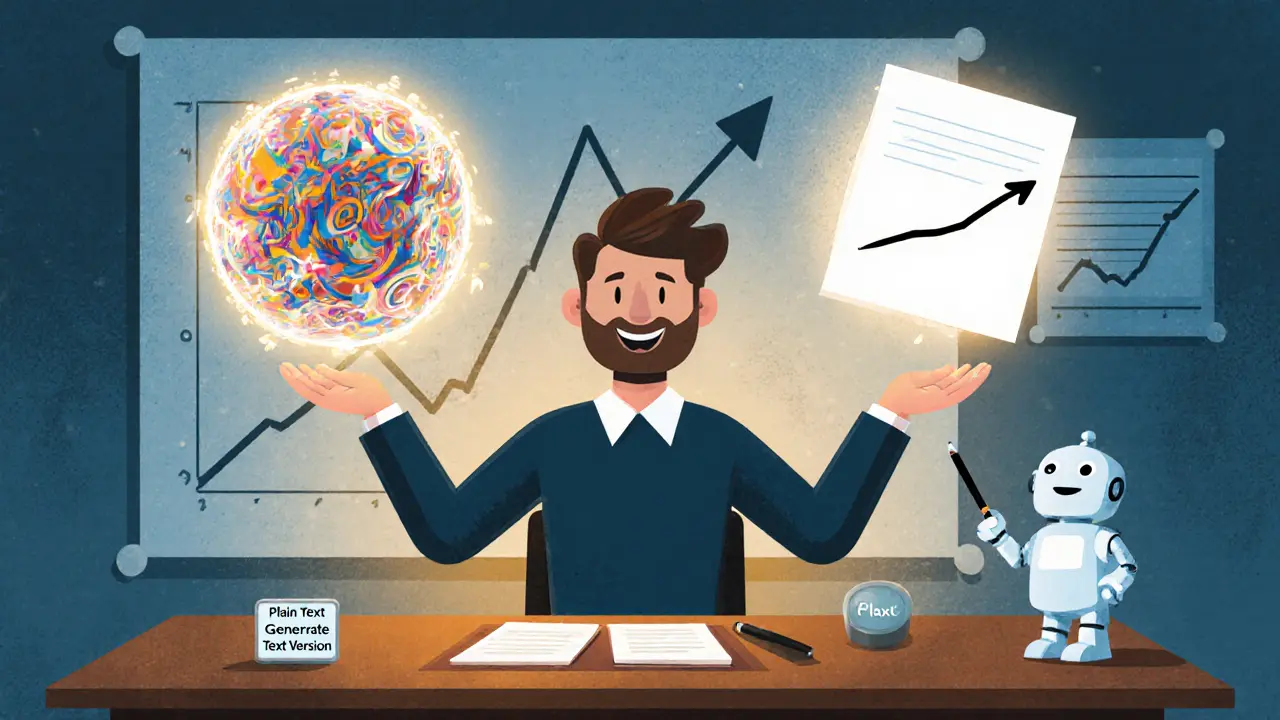 Маркетолог держит два светящихся шара — HTML и plain text — с графиками роста конверсий и открываемости на фоне.