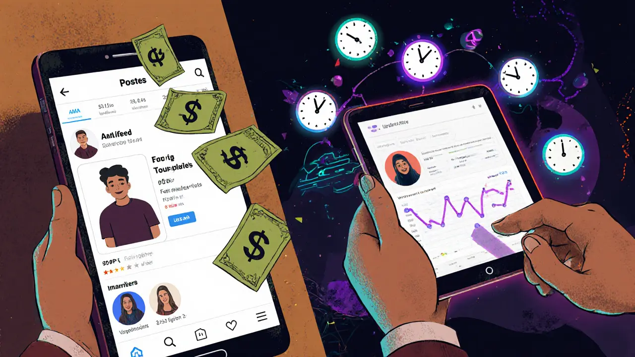 Сравнение: публикация в 9:00 без реакции и маркетолог с ИИ-аналитикой, показывающей индивидуальные временные окна пользователей.