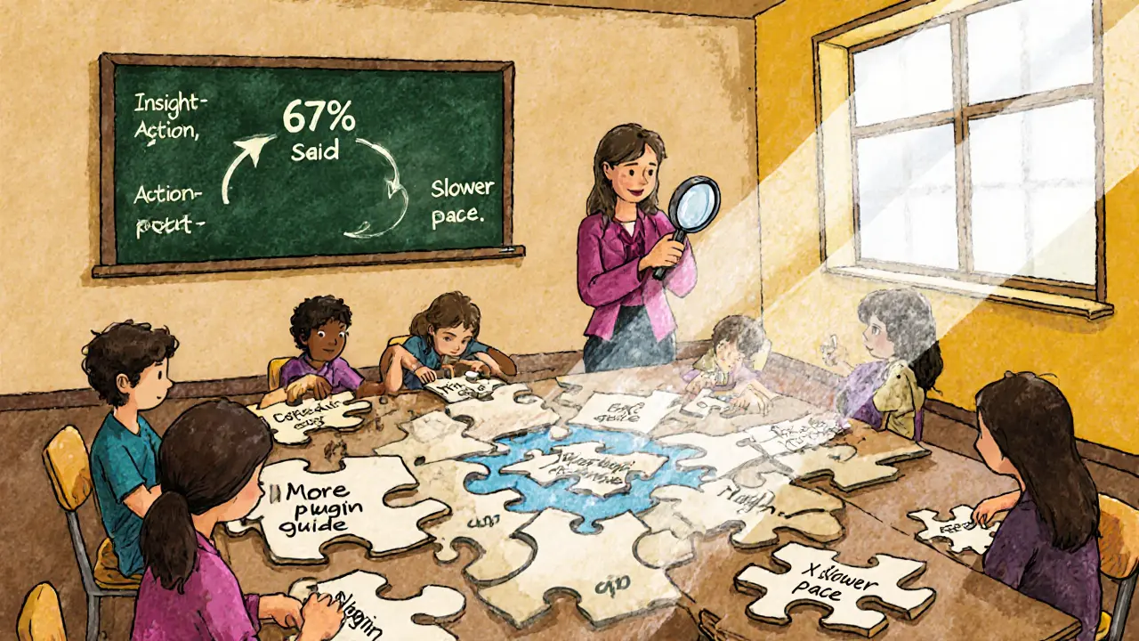 Студенты и преподаватель собирают пазл с отзывами, чтобы улучшить курс, на одном кусочке — &#039;67% сказали про плагин&#039;.