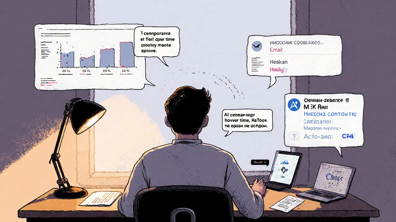 Человек за столом, вокруг него — анализ поведения и синхронизированные персонализированные сообщения на устройствах.