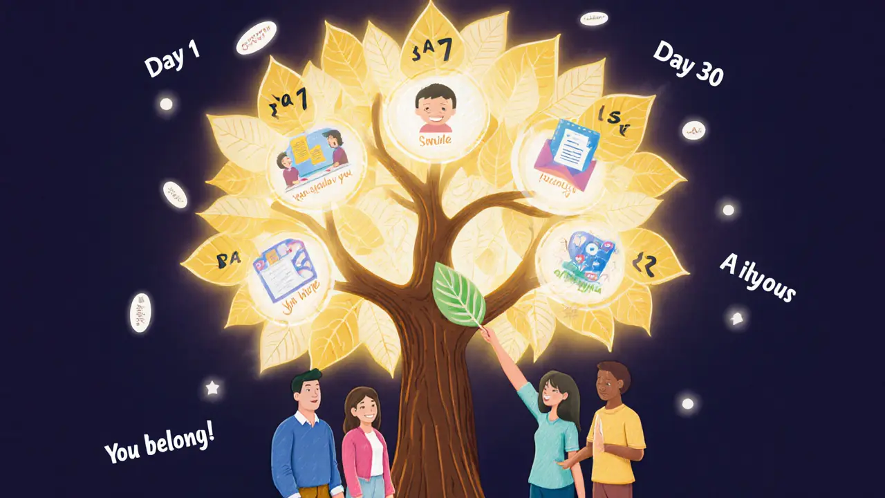 Преподаватель добавляет свой лист к растущему дереву успехов в команде.