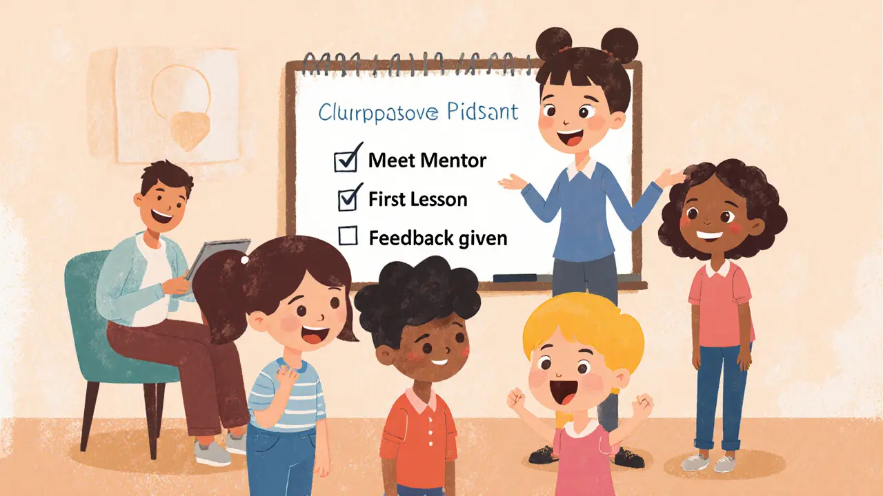 Преподаватель ведет первый урок с детьми, родители наблюдают с улыбкой.