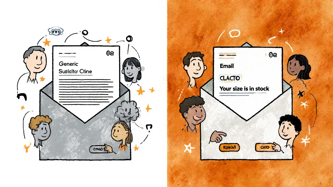 Сравнение двух писем: одно с общей темой и низким вовлечением, другое с персонализацией и высоким кликом.