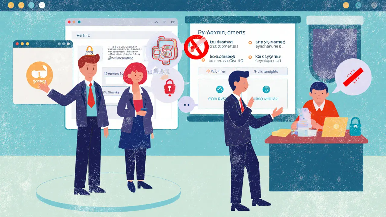 Три персонажа с разными уровнями доступа в онлайн-школе: преподаватель, бухгалтер и администратор, с цветовыми зонами разрешений.