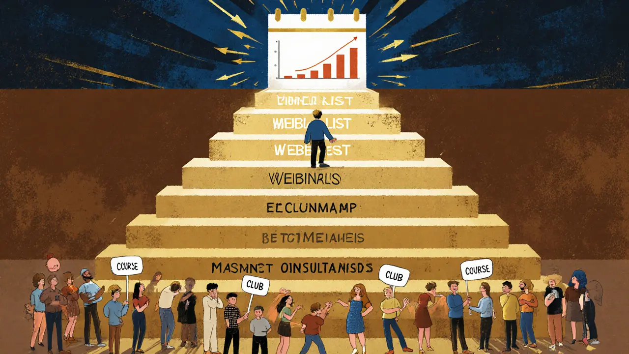 Человек поднимается по ступеням от чек-листа к клубу, а толпа остается внизу.