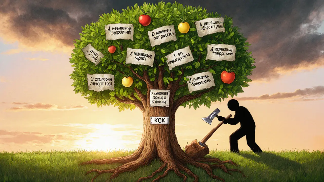 Дерево безопасности с корнями из платы за поддержку, ветвями из процессов и плодами стабильности, тень риска пытается его срубить.