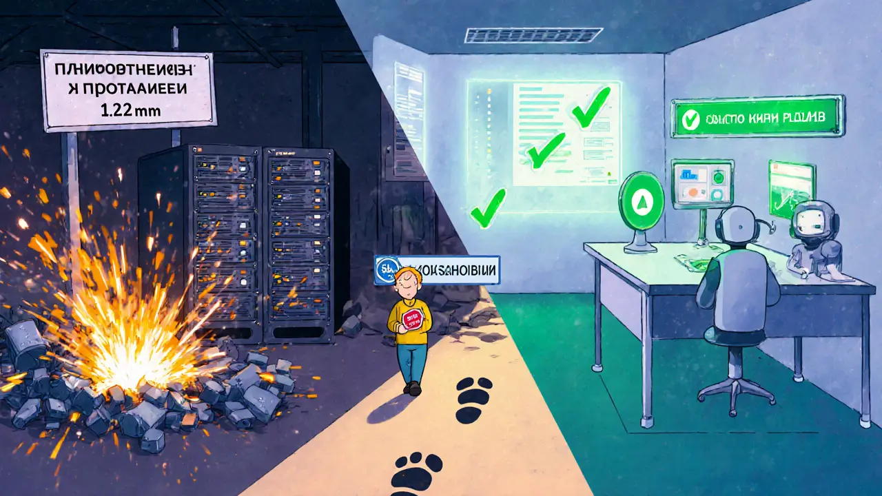 Два противоположных сценария: хаос на сервере и спокойная тестовая среда с ИИ-анализом и зелеными метками успеха.