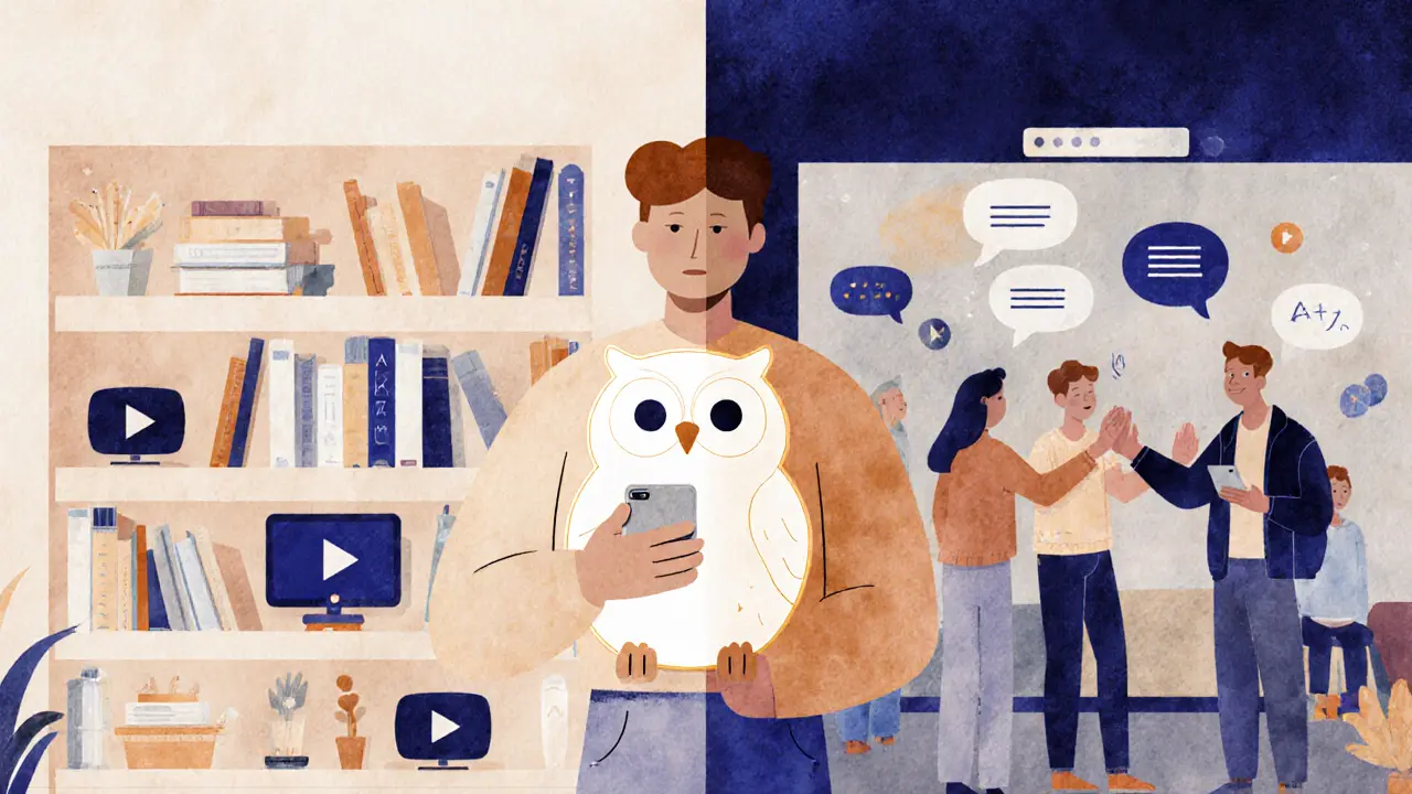 Эксперт с ИИ-советником-совой, рядом — сообщество и изолированный пользователь.