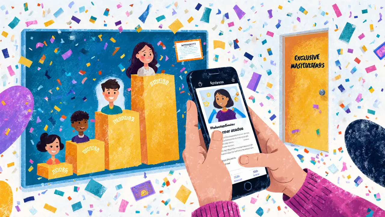 Лидерборд в онлайн-курсе с учениками, поднимающимися по рангу, и открытым эксклюзивным контентом.