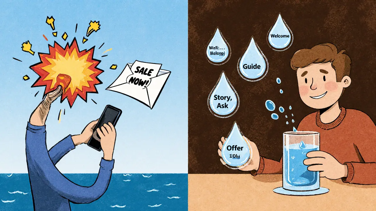 Слева — спам-письмо, справа — мягкая цепочка писем, наполняющая стакан доверия.