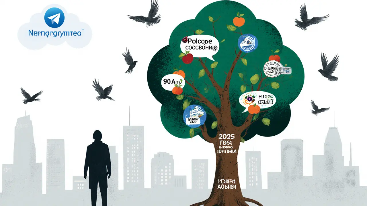 Цифровое дерево роста продаж в Telegram с плодами-инструментами и меткой 65% цифровых продаж в 2025 году.