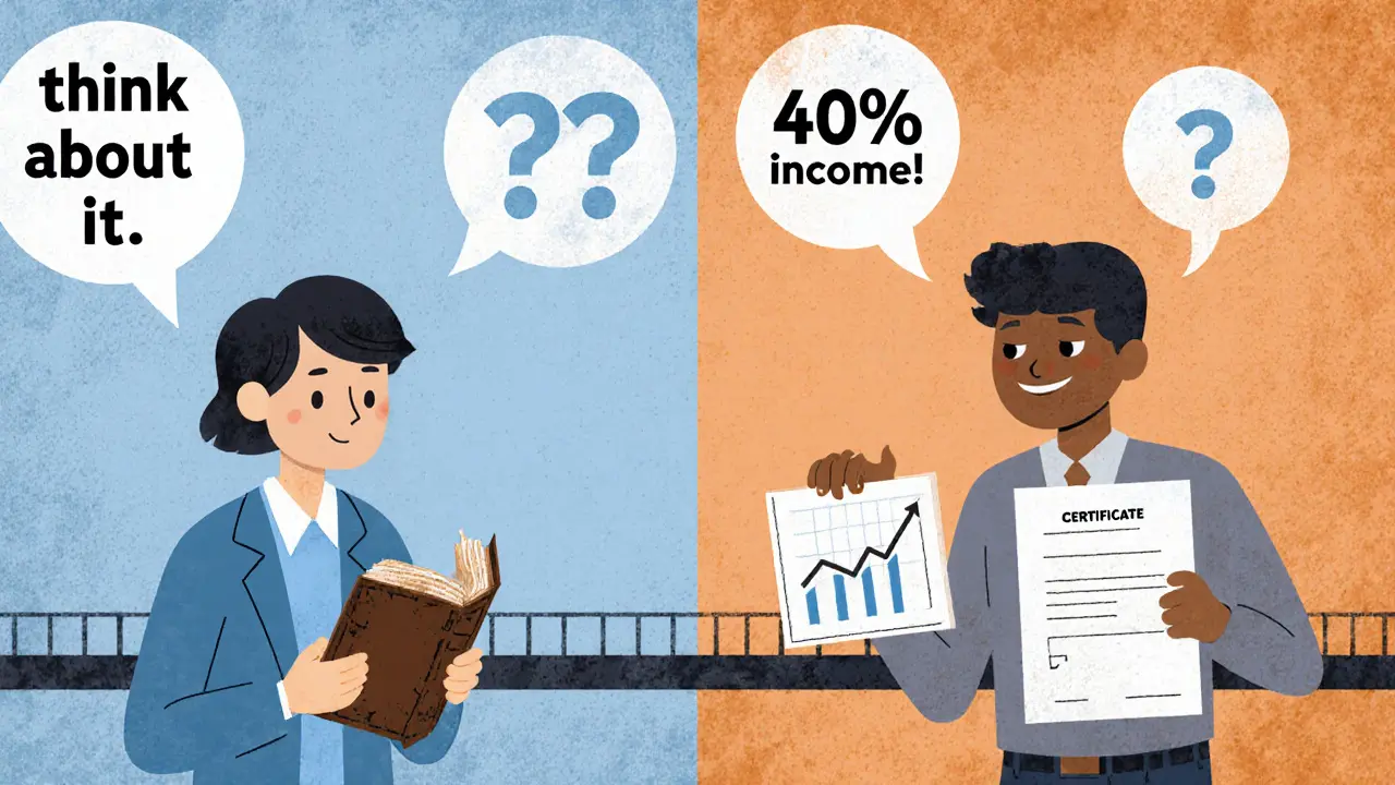 Клиент до и после курса: сомнения слева, успех справа, связанные диалогом.