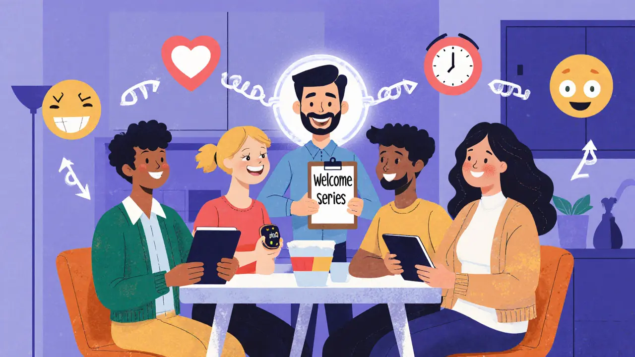 Люди за столом получают продукты через серию писем, связанных с улыбающимся владельцем бизнеса.