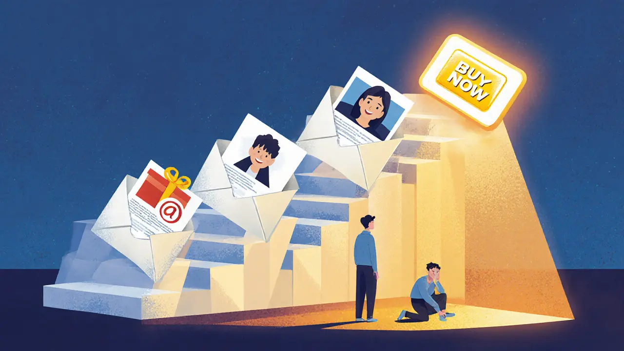 Письма превращаются в лестницу к покупке, подсвеченную теплым светом, в мультяшном стиле.