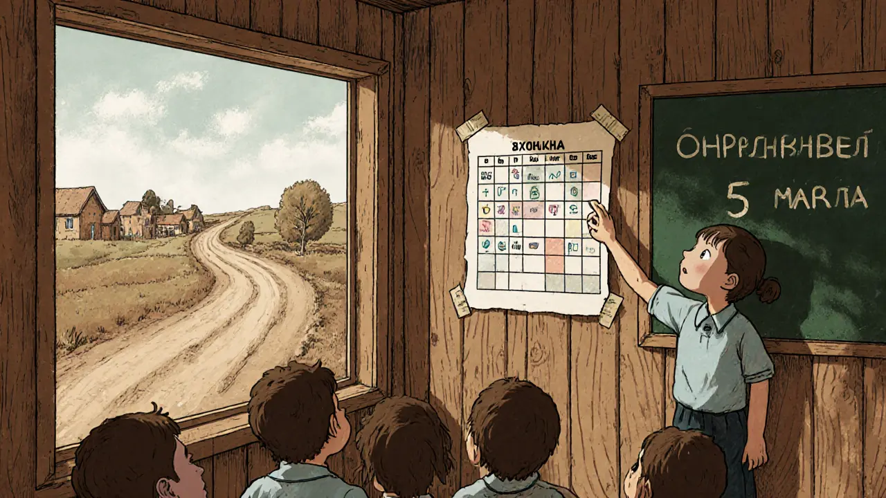 Расписание на деревянной стене в сельской школе, дети смотрят на него, за окном — деревня.