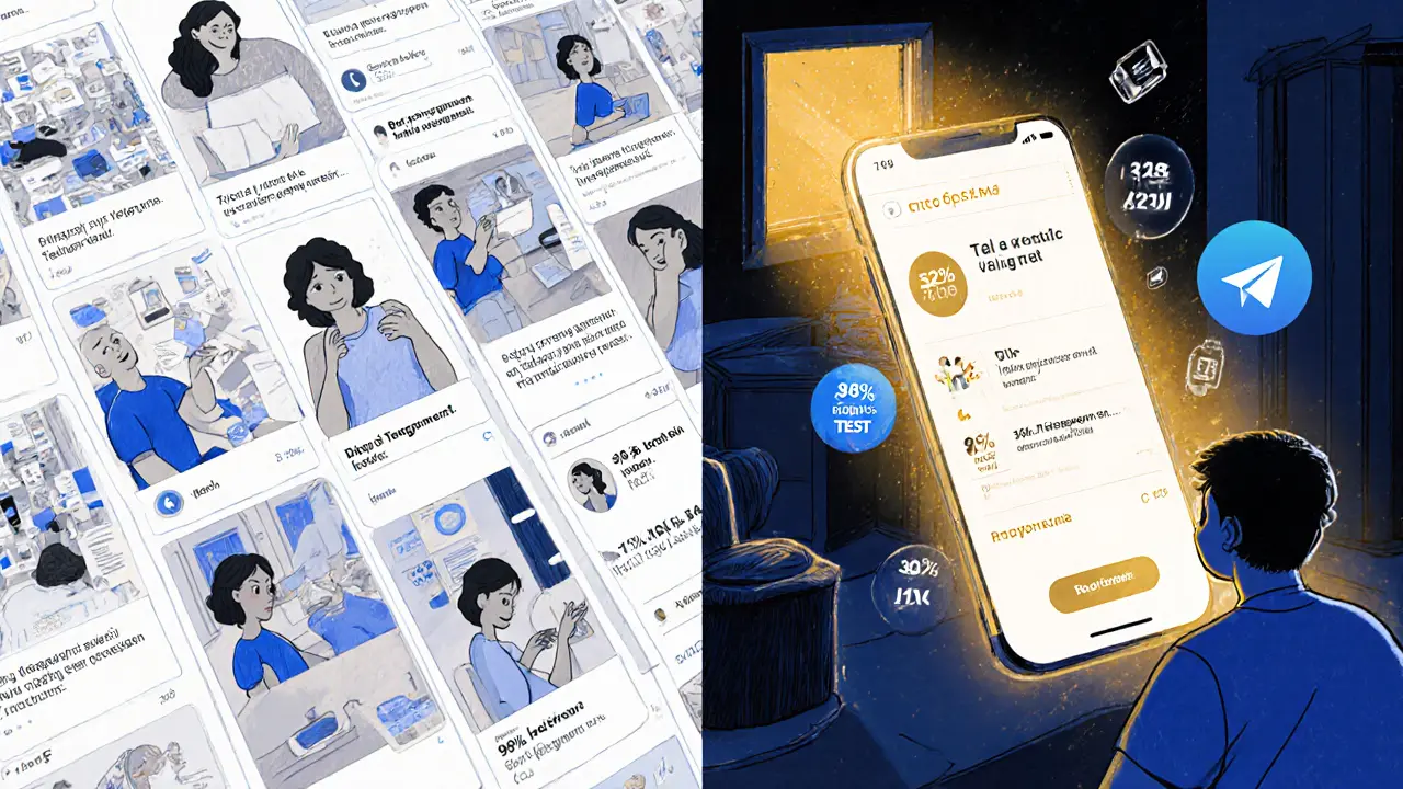 Сравнение низкой вовлеченности в Instagram и высокой в Telegram с цифрами конверсии и визуальными метриками.