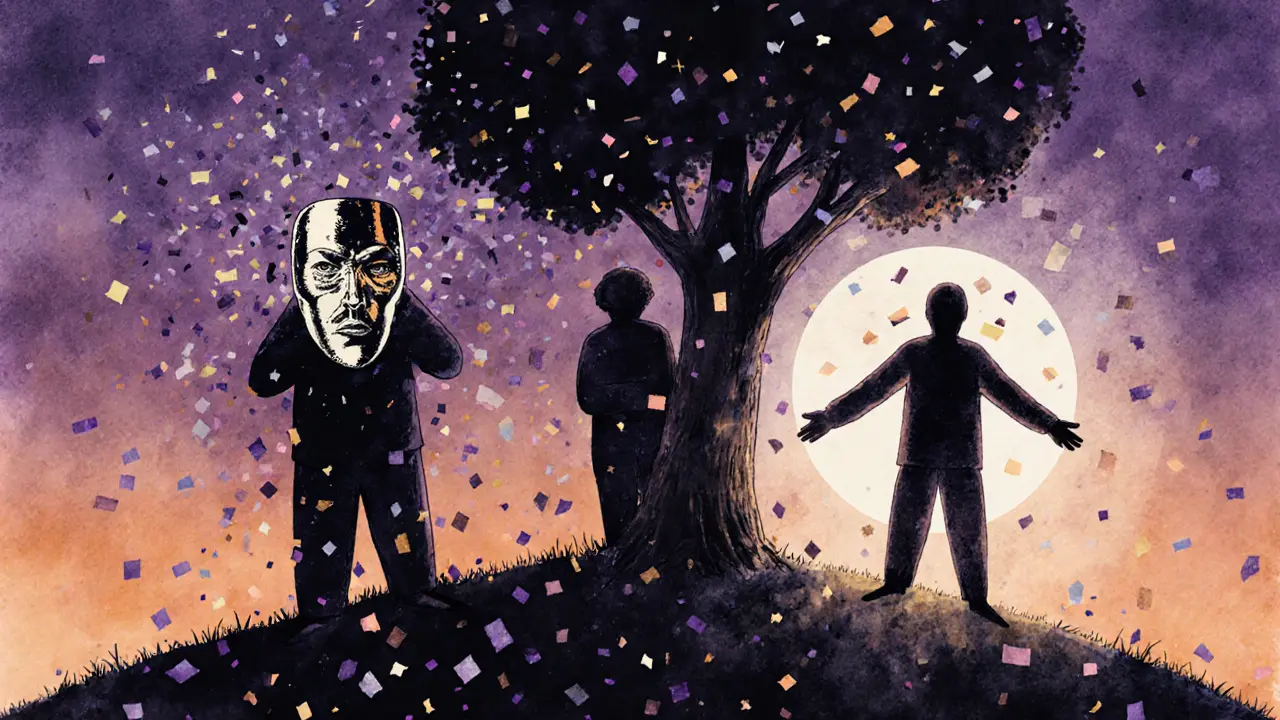 Трое фигур на холме: одна за маской, другая прячется, третья — открыта и сияет.