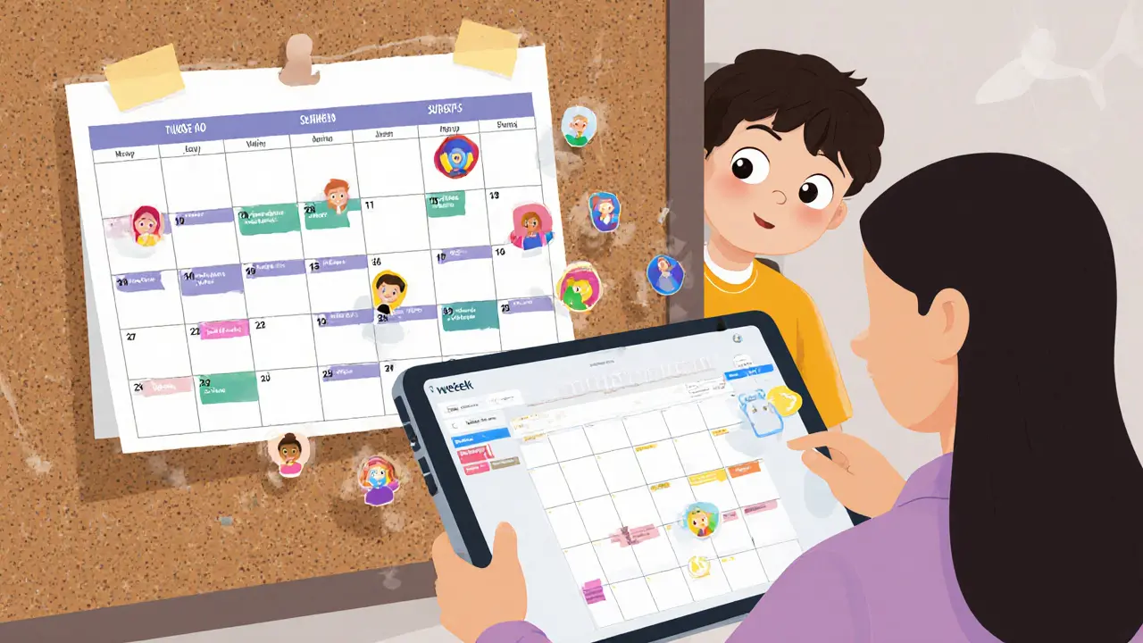 Учитель редактирует интерактивное расписание на планшете, рядом — распечатанная версия на доске.