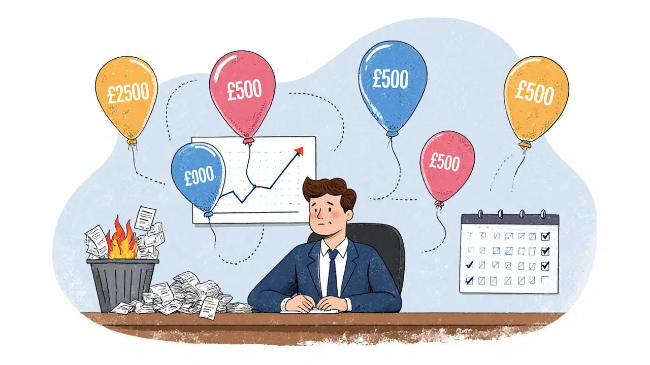 Бизнесмен наблюдает за растущими ежемесячными платежами, а старые чеки горят в корзине.