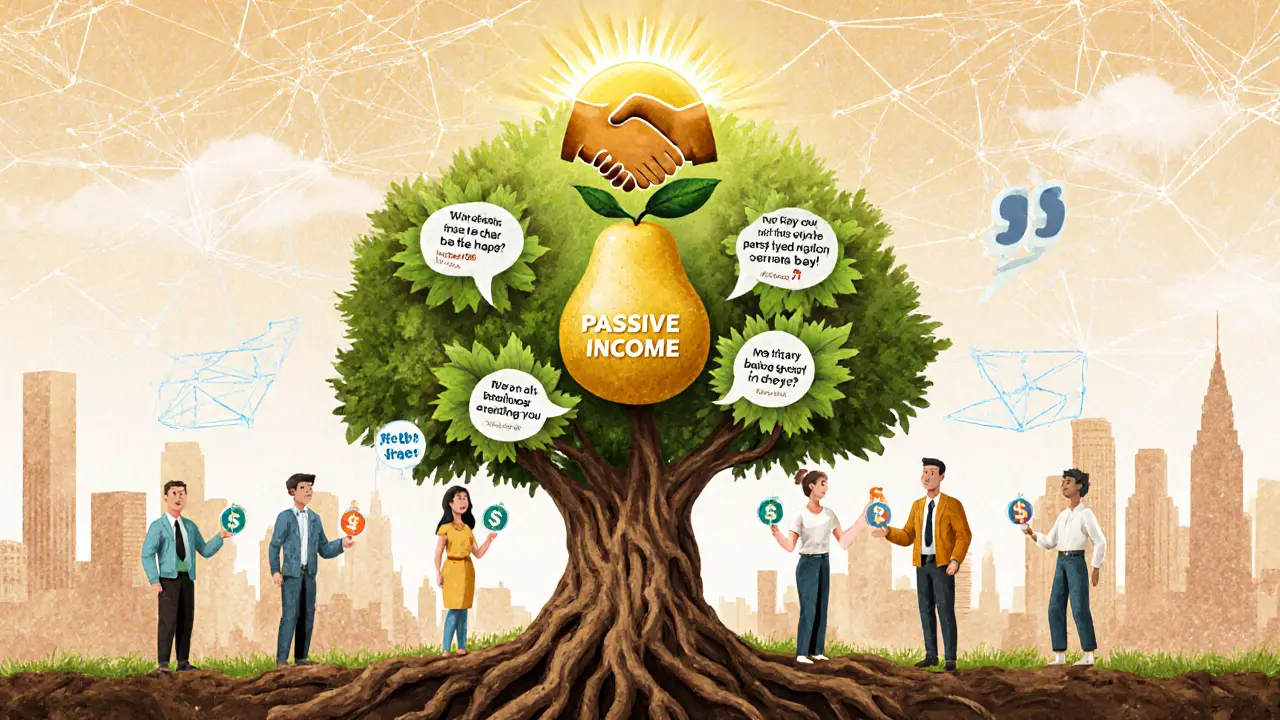 Дерево партнёрства с корнями-платежами и листьями-отзывами, растущее к пассивному доходу.