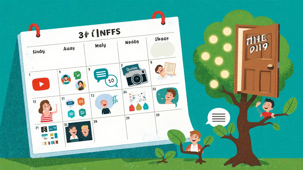 Календарь на 30 дней с форматами контента и деревом, растущим из числа учеников.
