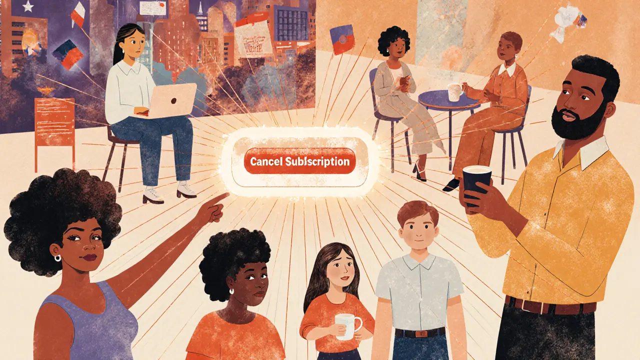 Люди в сообществе связаны светящимися нитями с центром ценности — подписка как доверие.