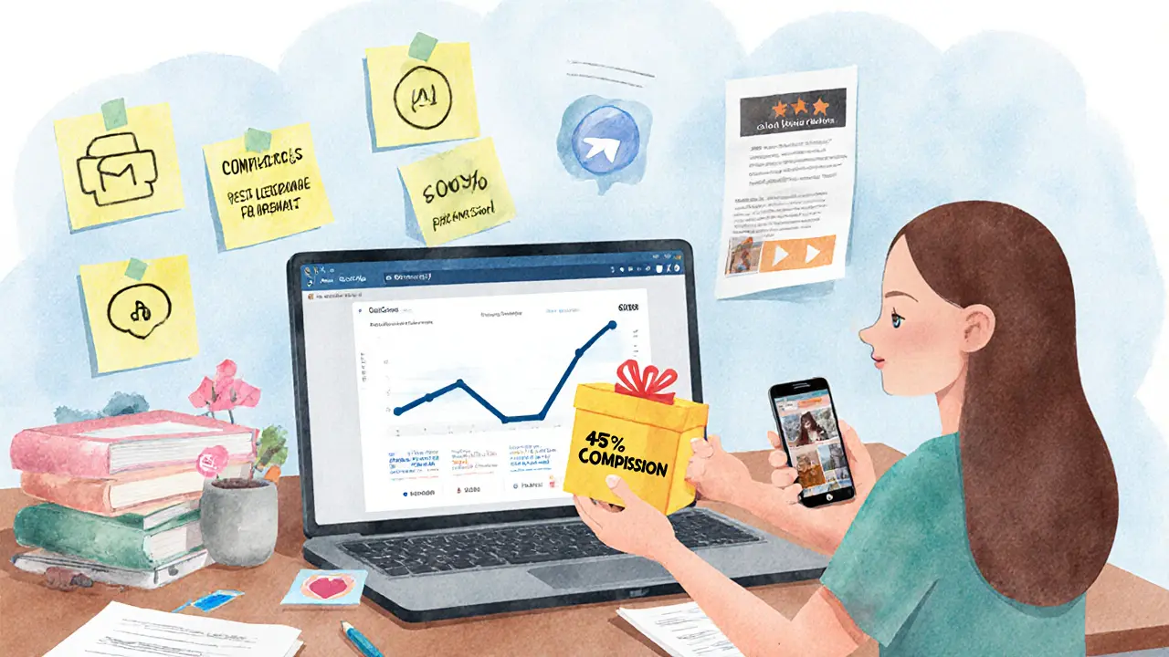 Письменный стол с инструментами партнёрской программы: посты, шаблоны и подарок с комиссией 45%.