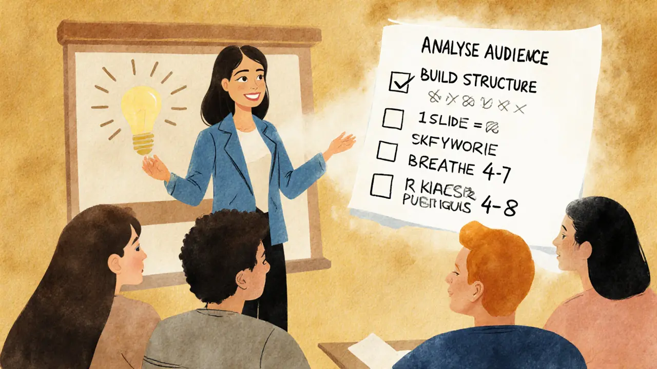 Спикер с 10 простыми визуальными слайдами, аудитория вовлечена, в воздухе — чек-лист подготовки.