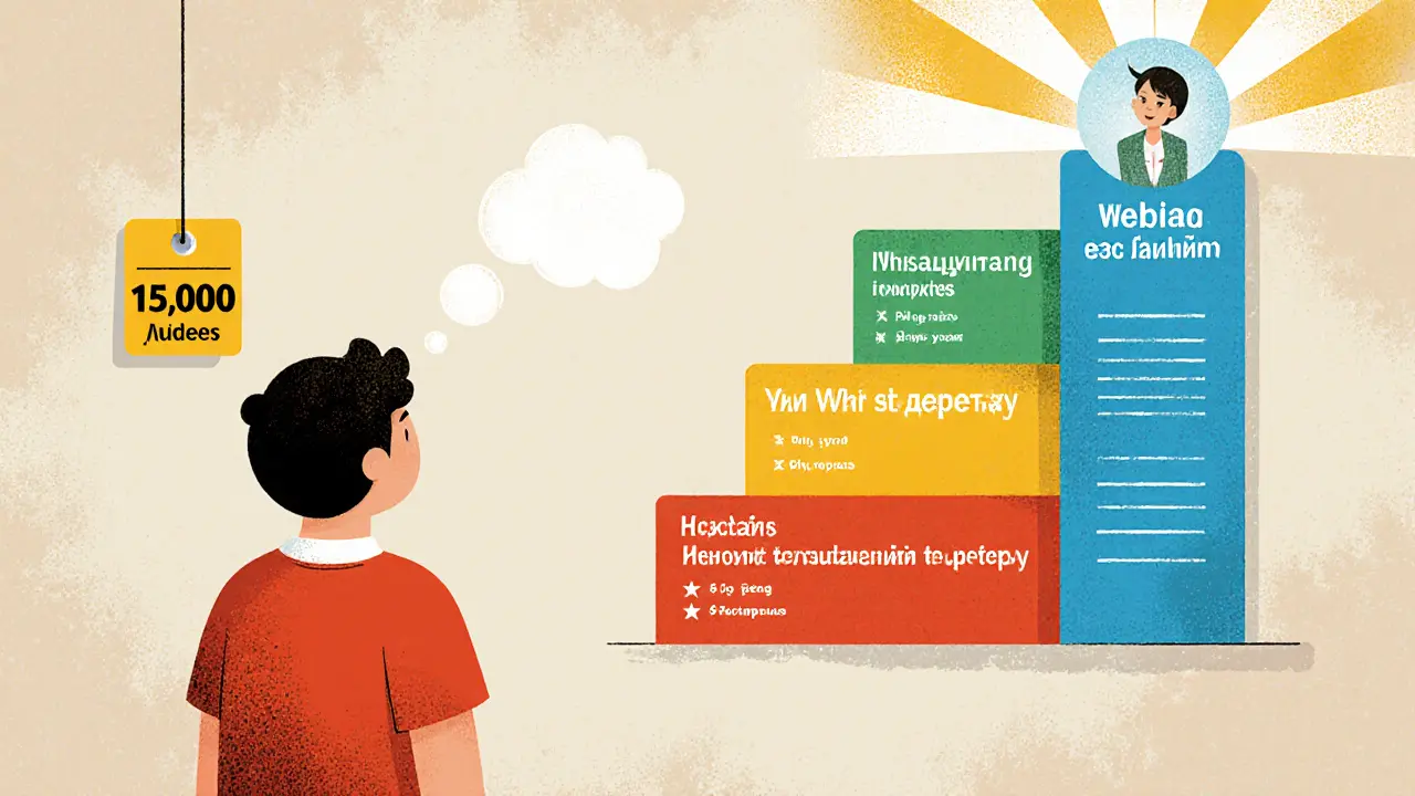 Студент смотрит на дорогой тариф, в то время как рядом поднимается трёхуровневая лестница с понятными преимуществами.