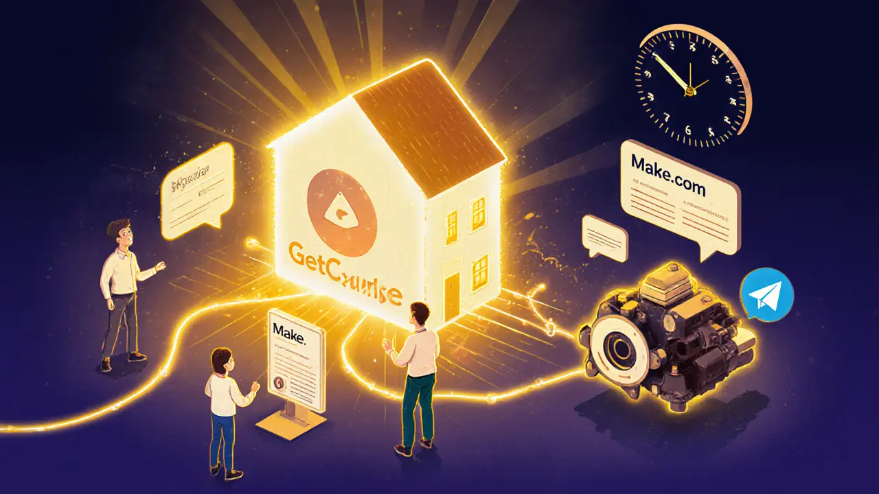 Гибридная система: GetCourse и Make.com работают вместе, автоматизируя обучение и общение с учениками.