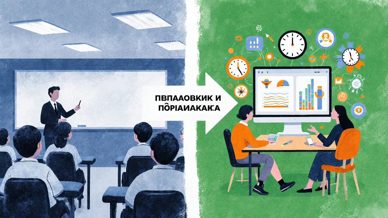 Сравнение скучной лекции для детей и активного обучения взрослых в цифровом формате.