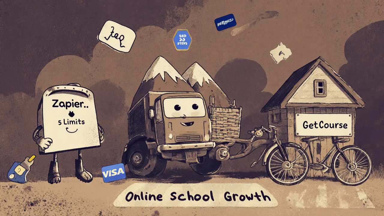 Три инструмента в виде персонажей: велосипед, грузовик и дом — символизируют Zapier, Make.com и GetCourse.