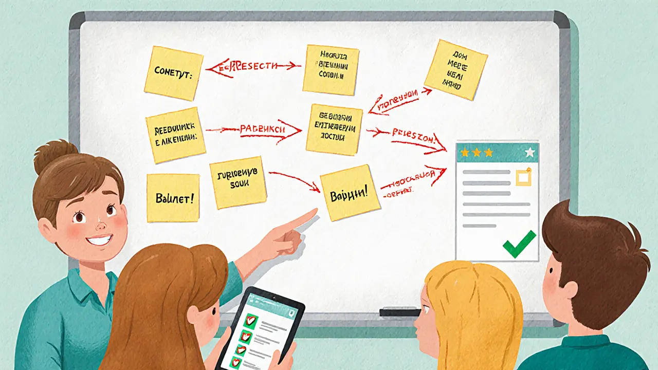 Белая доска с живой техкартой запуска курса, на которой виден завершенный этап &#039;Запущено!&#039;