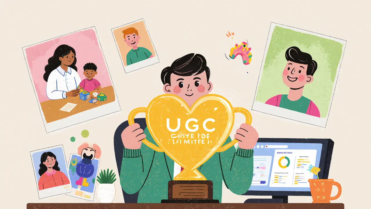 Бизнесмен держит трофей UGC-конкурса, вокруг — реальные пользователи с фото своих результатов.