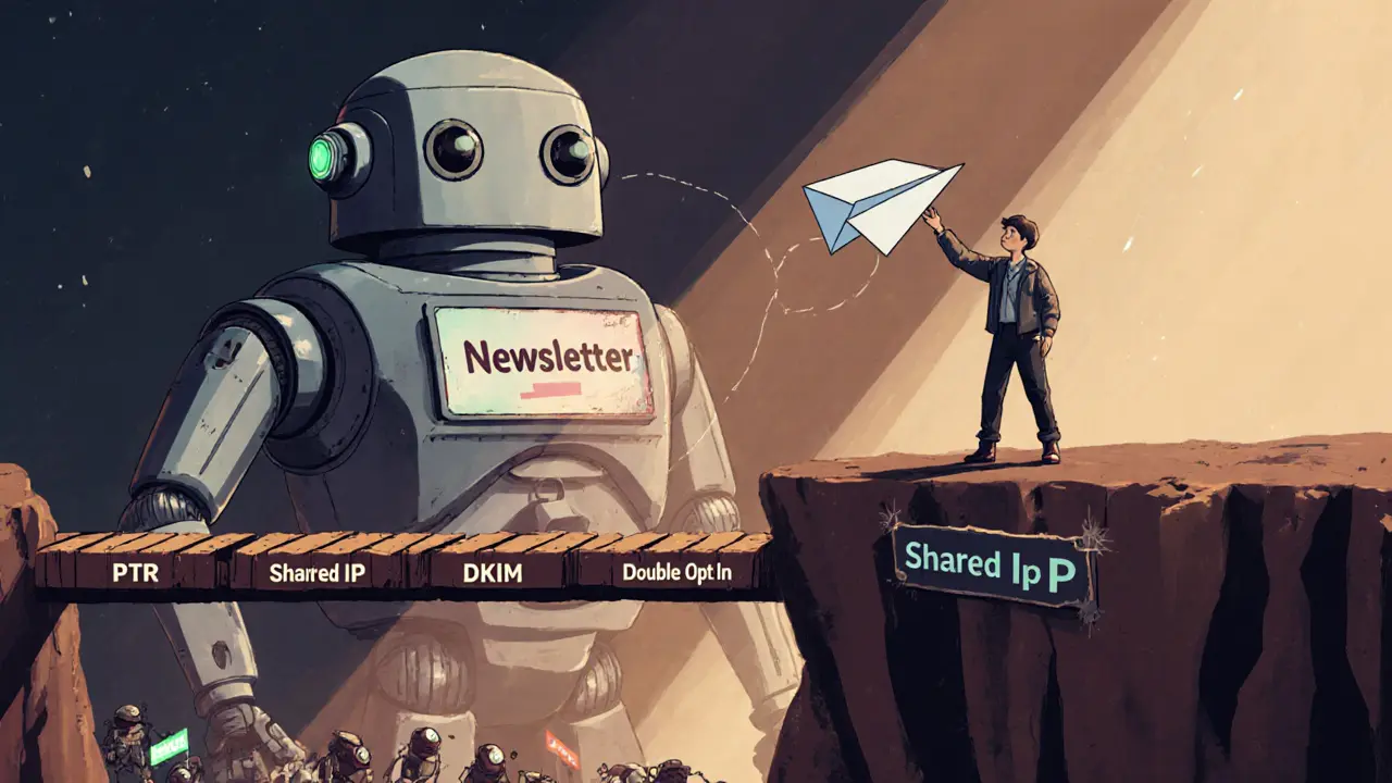 Бизнесмен стоит на краю пропасти, держа письмо, а перед ним — фильтр, проверяющий DNS-записи.