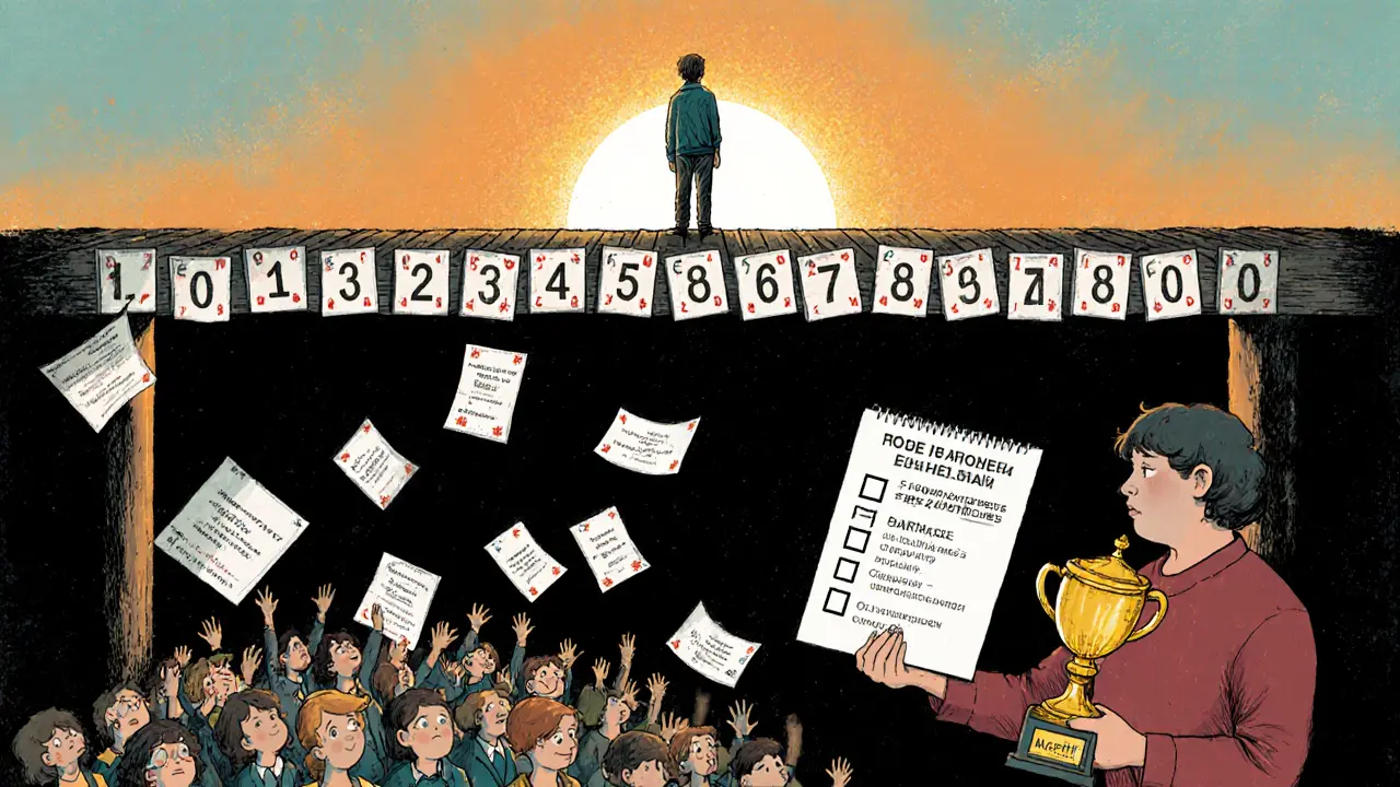 Человек идет по мосту из формул подписей, внизу — люди бросают посты в пустоту, один из них держит чек-лист.