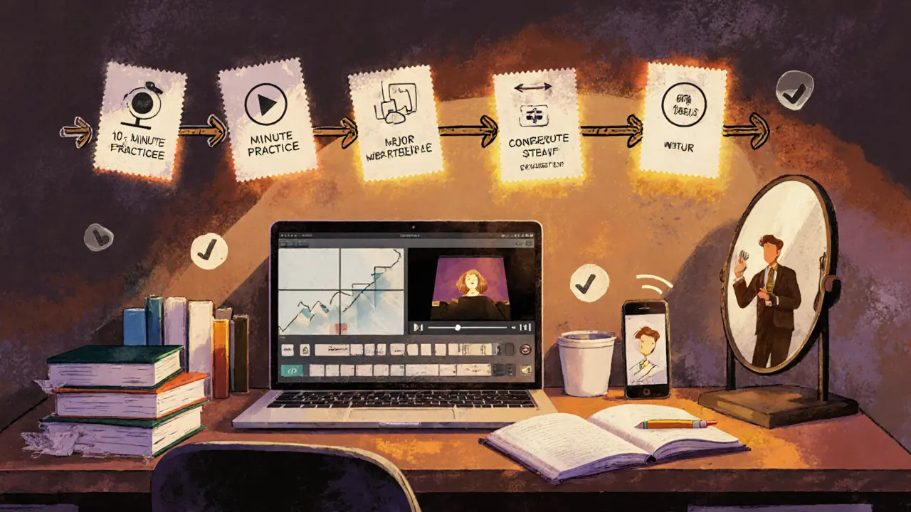 Человек репетирует выступление у зеркала, на столе — записи и запись на телефон.