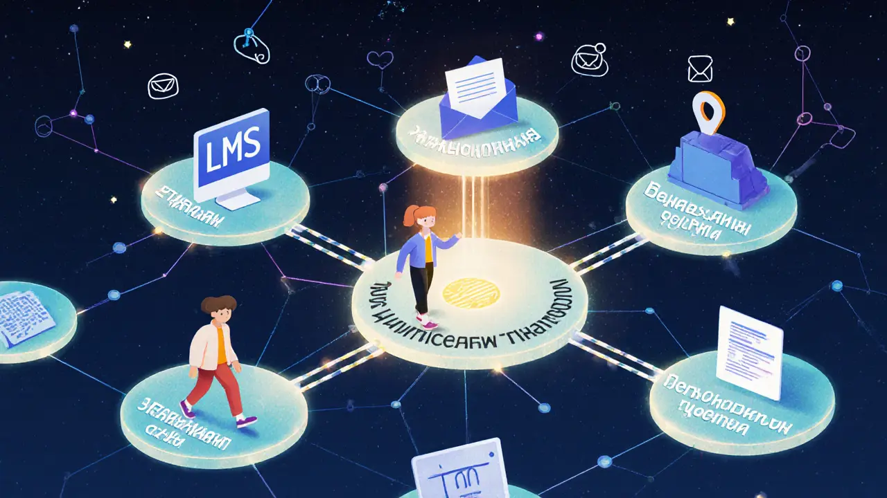 Цифровая экосистема с узлами писем и светящимся элементом человечности.