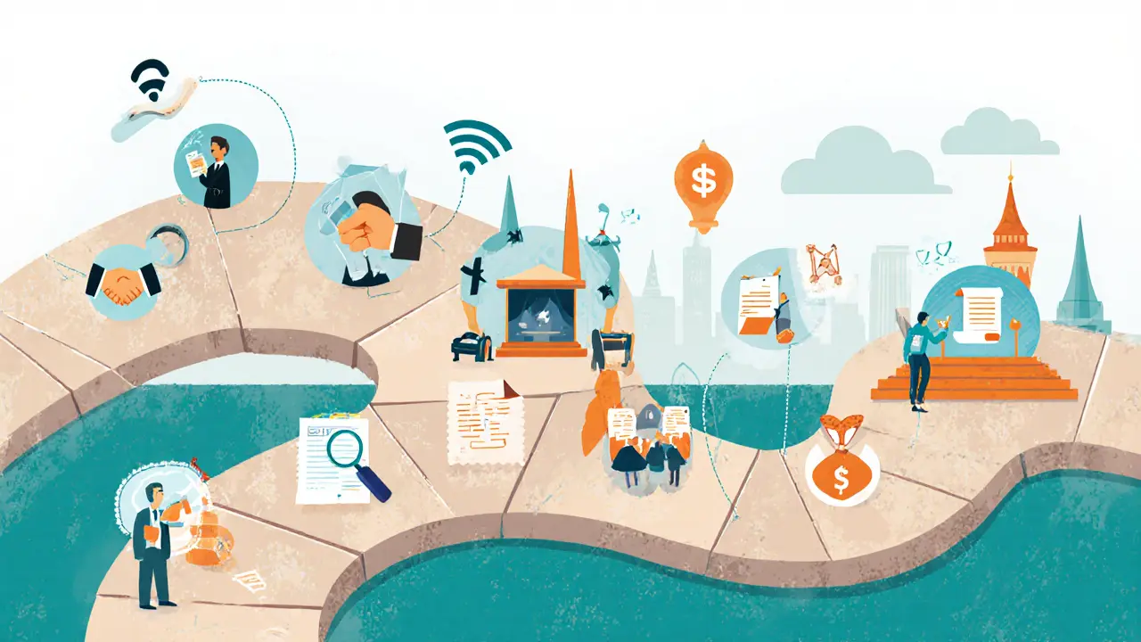 Дорожка из 9 шагов запуска онлайн-школы, ведущая через городской пейзаж с цифровыми элементами.