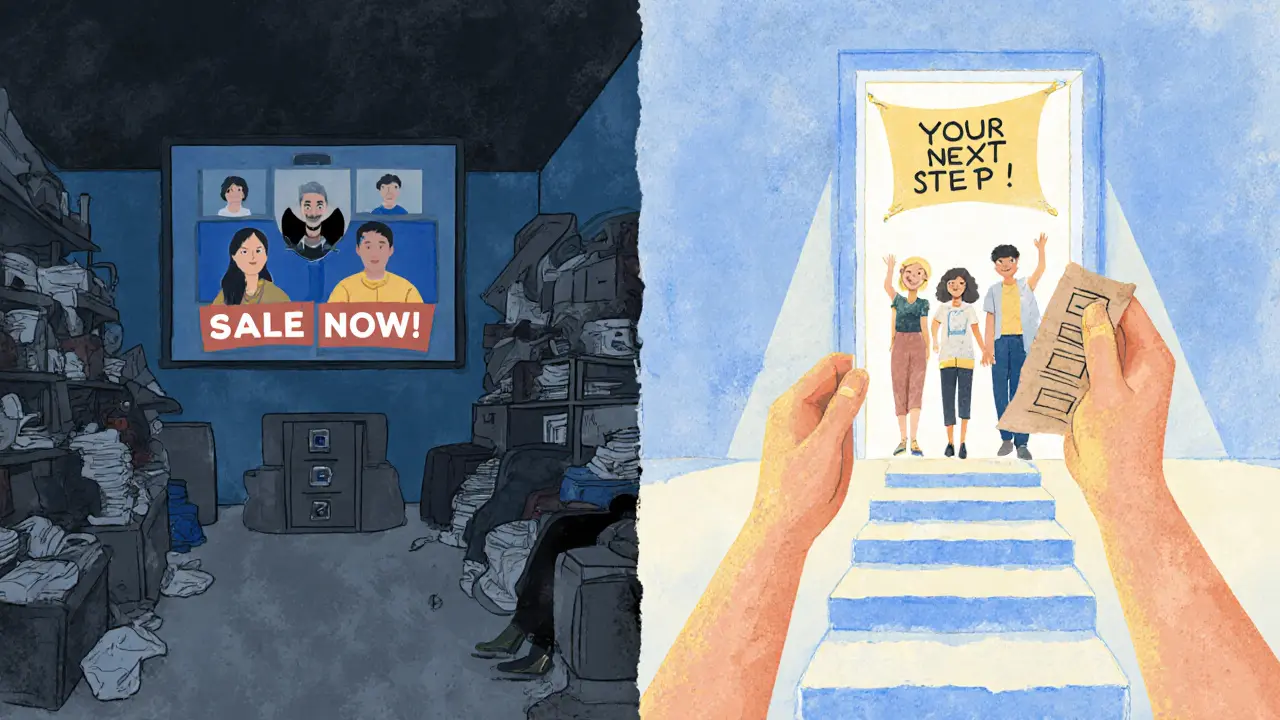 Два пути: пустая реклама слева и настоящая помощь — справа, ведущая к переменам.