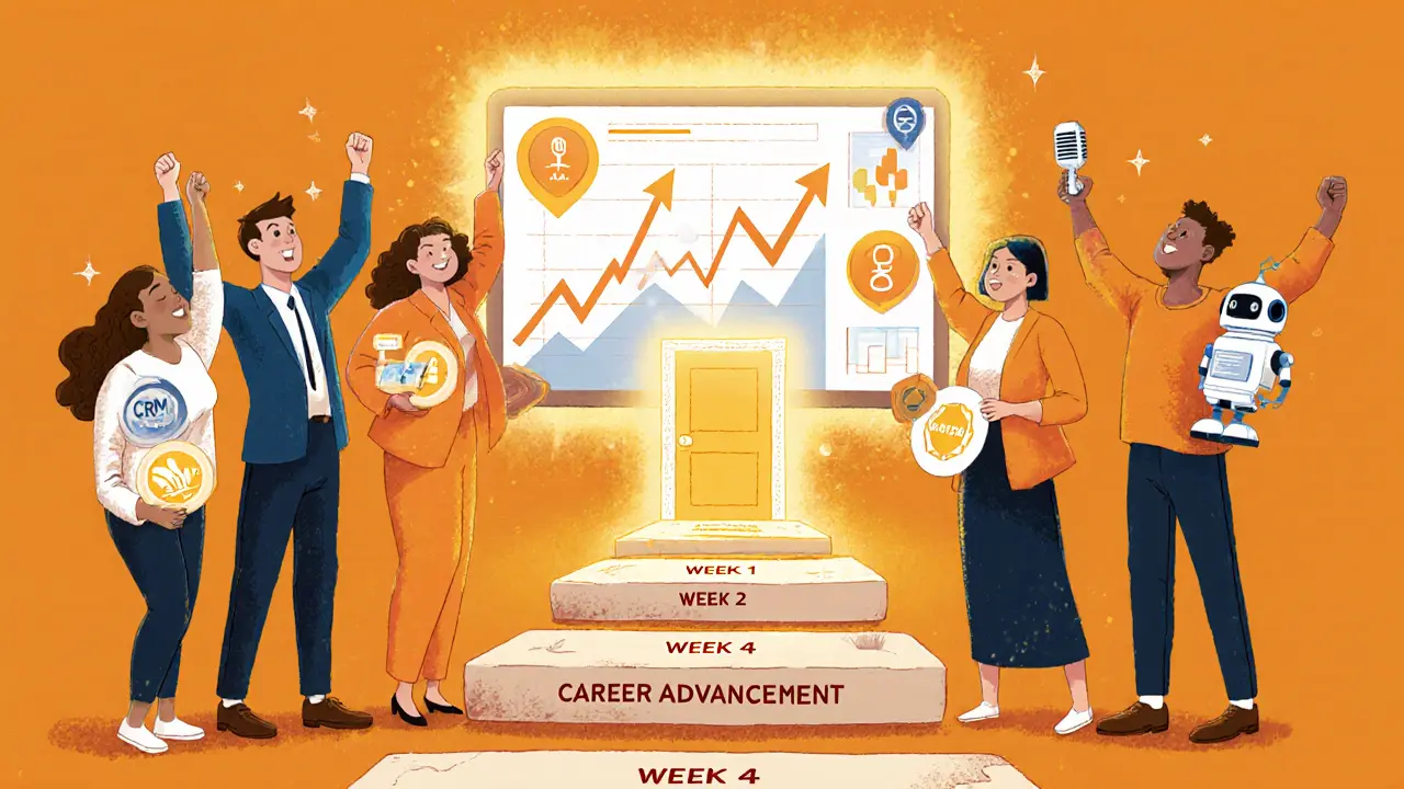 Команда празднует прогресс на дашборде с бейджами и дорожкой к карьерному росту.
