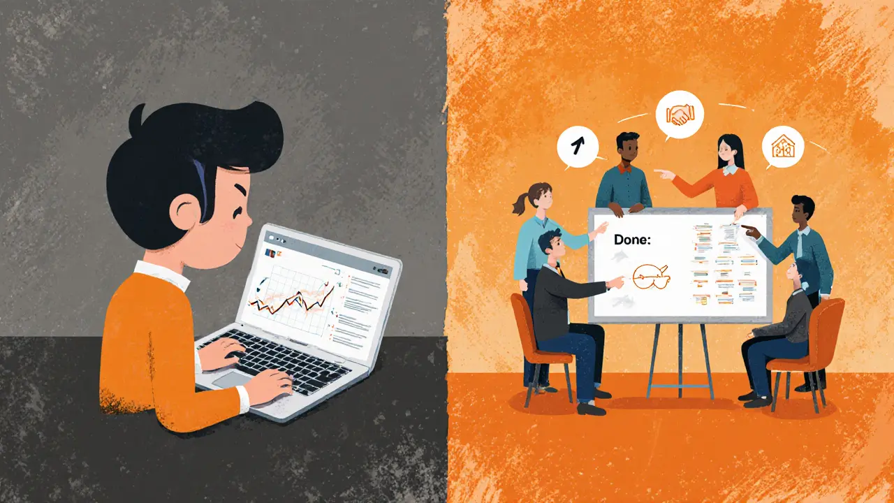 Один человек слева одинок и подавлен, справа — в группе с планом роста и поддержкой.