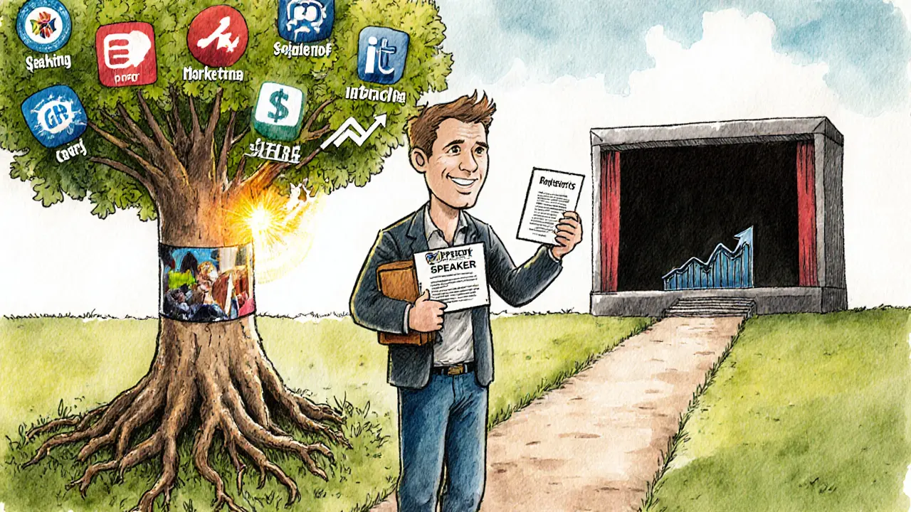 Портфолио спикера и дерево из логотипов конференций, корни — доказательства результатов.