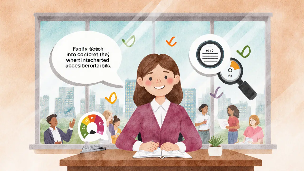 Преподаватель с символами доступности: субтитры, контраст и клавиатура на фоне городского пейзажа.