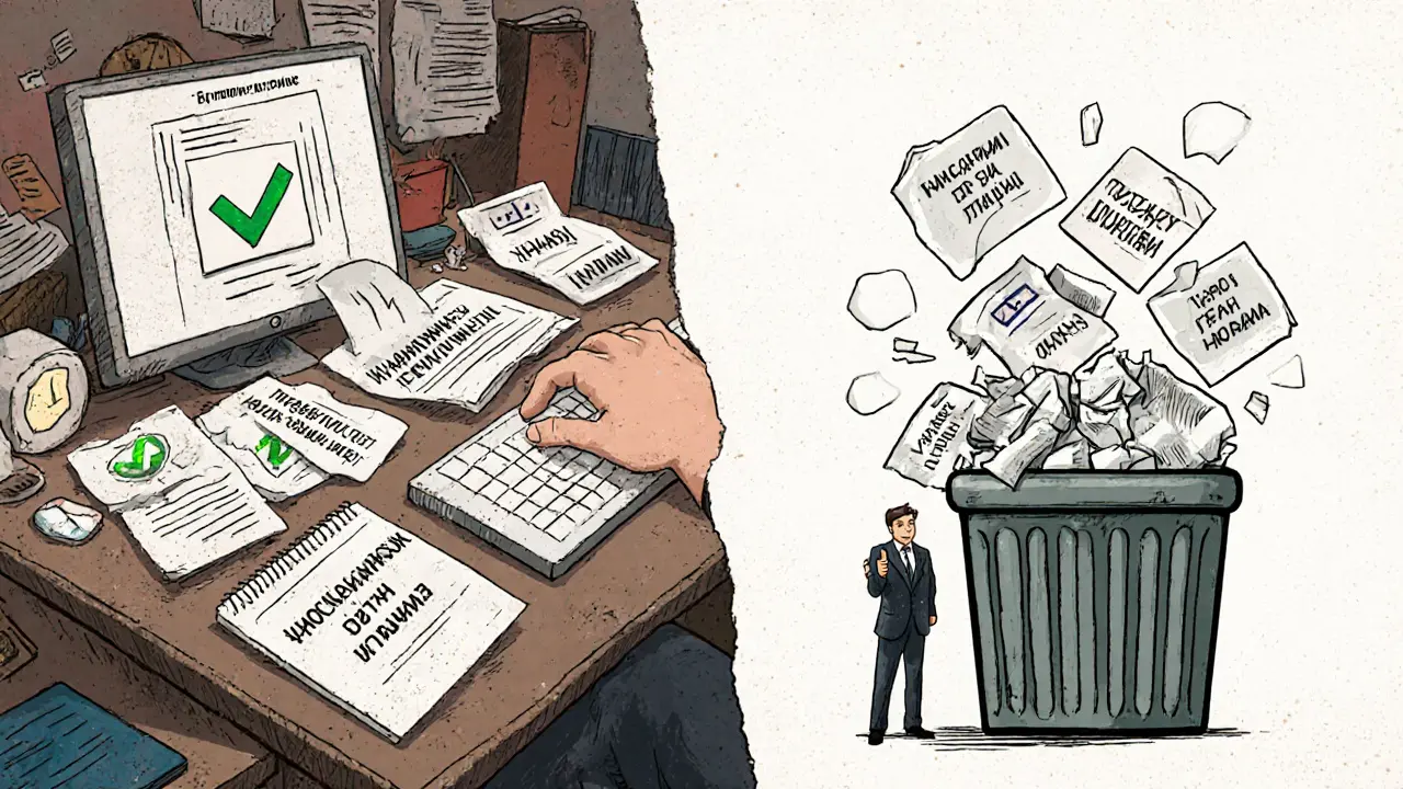 Разделённая сцена: слева — эффективные подписи с галочками, справа — мусор с шаблонными фразами.