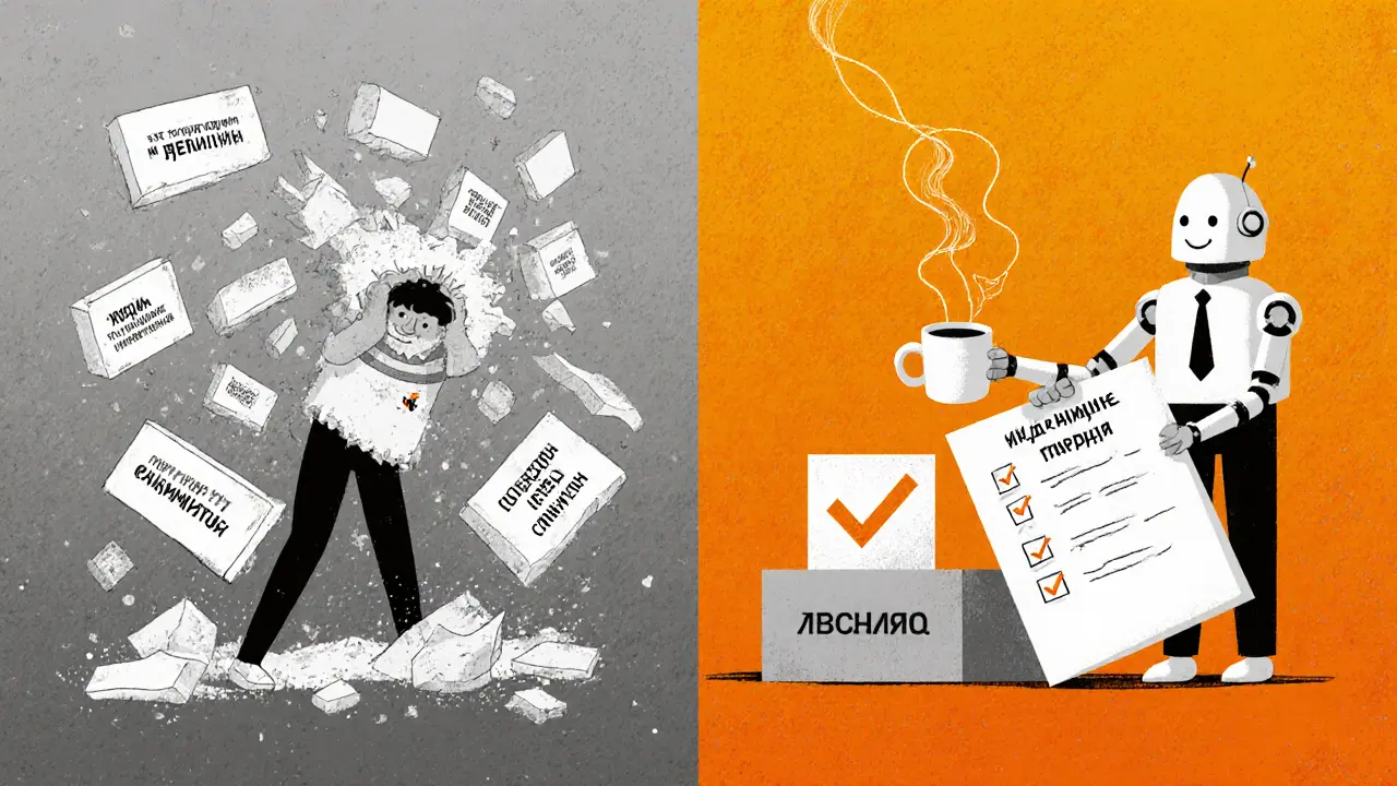 Слева — хаос знаний, справа — чёткий чек-лист и простой продукт